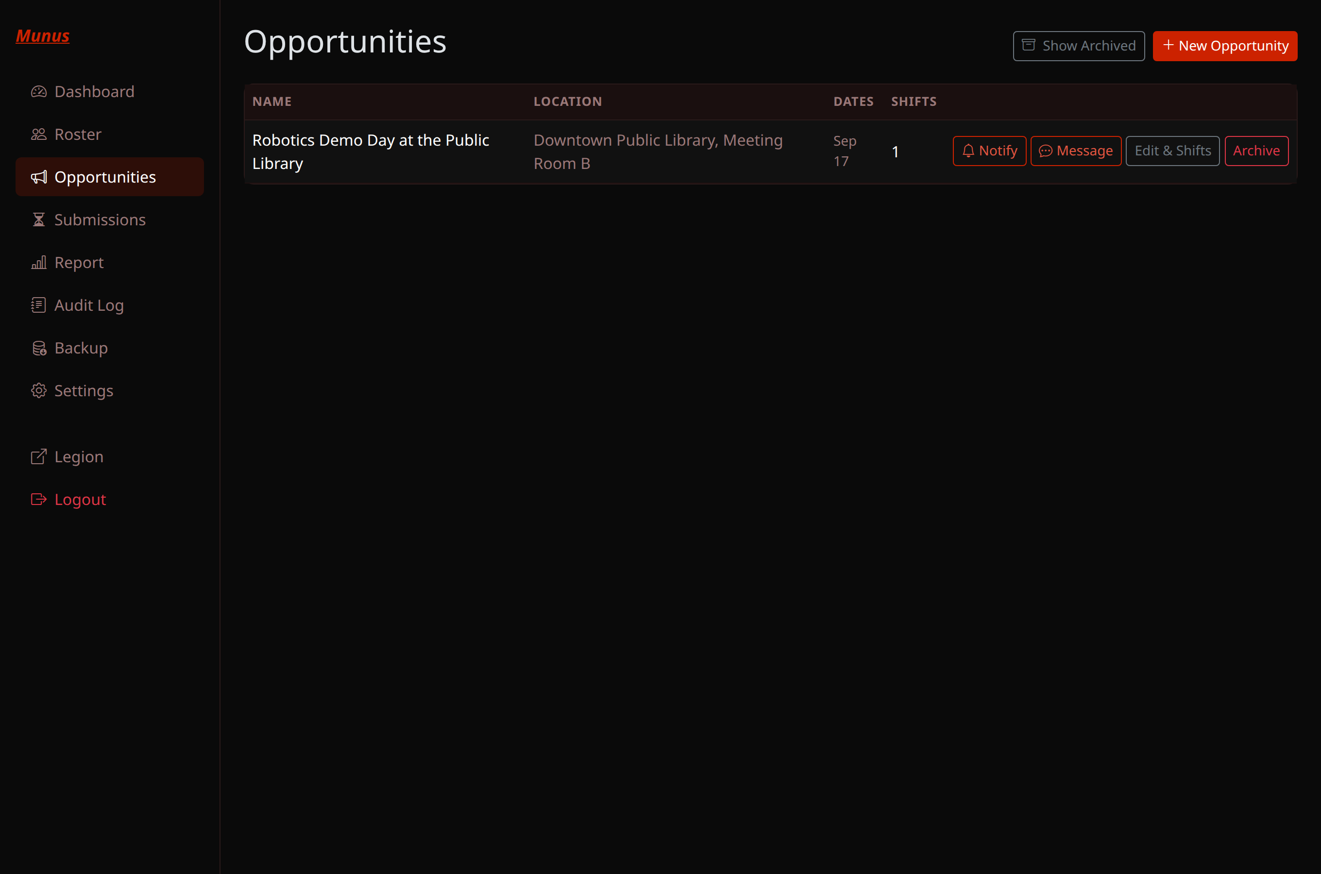 Munus admin's Opportunities list, showing one opportunity with Notify, Message, Edit & Shifts, and Archive actions