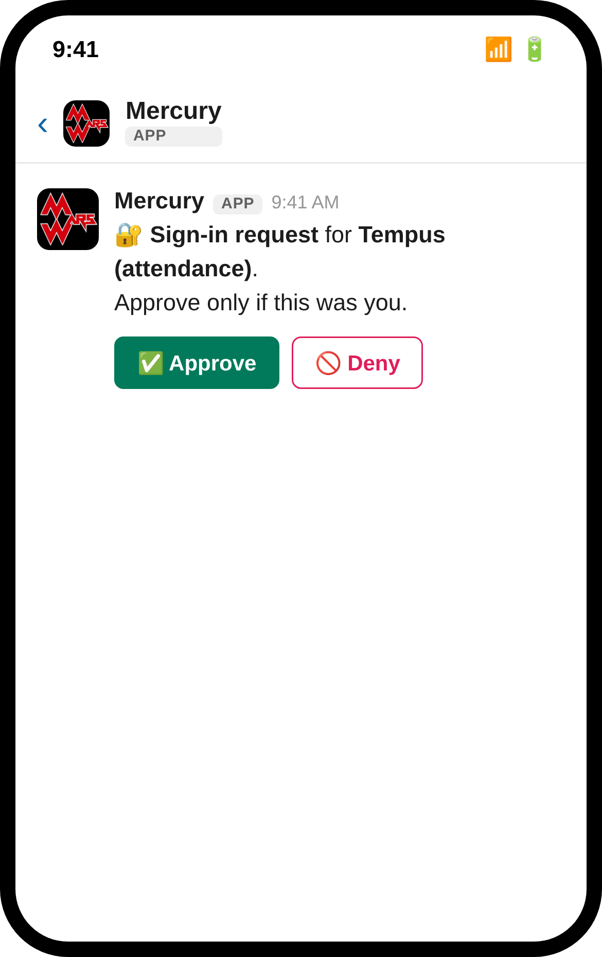 A Slack DM from Mercury on a phone: a sign-in request for Tempus, with green Approve and red Deny buttons