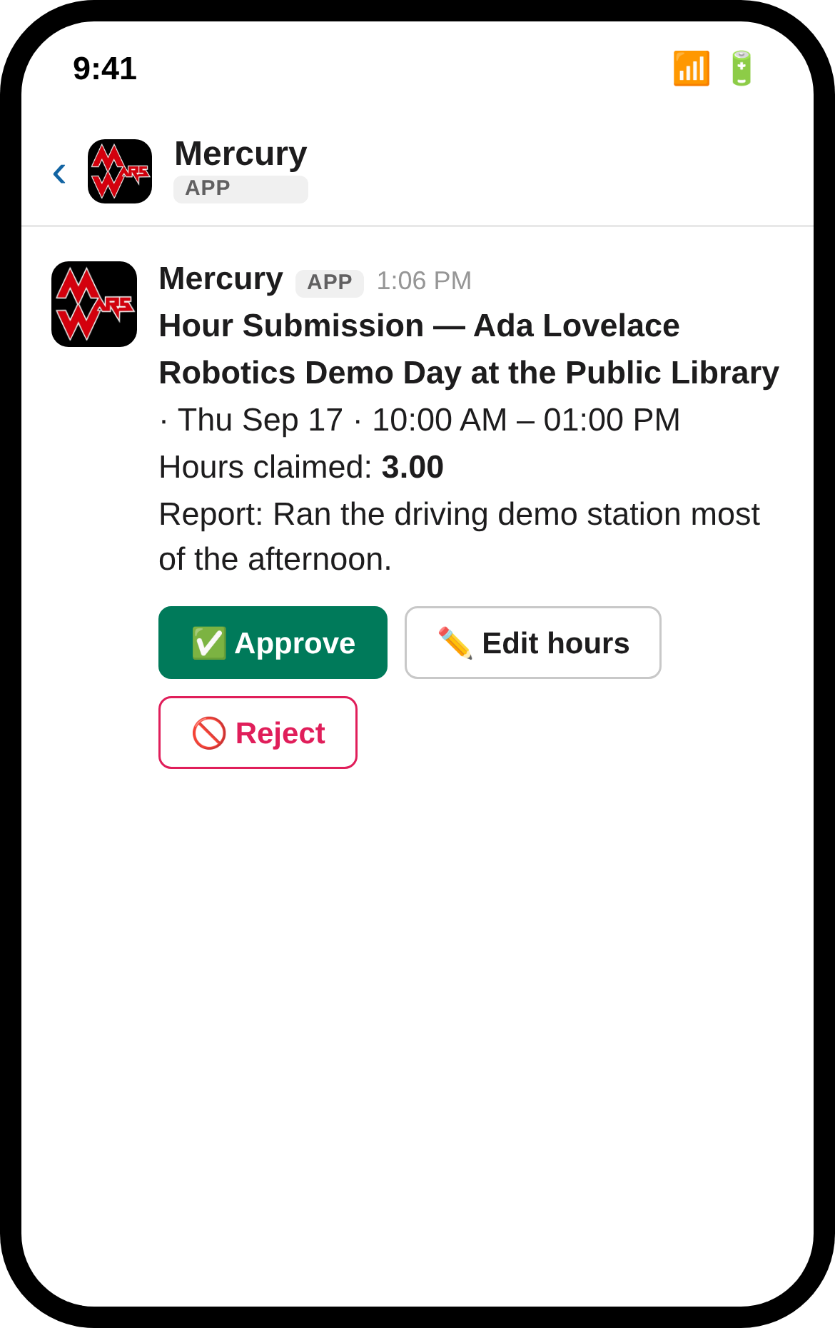 A Slack DM from Mercury on a phone: an hour submission from a student with their claimed hours and report, and Approve, Edit hours, and Reject buttons