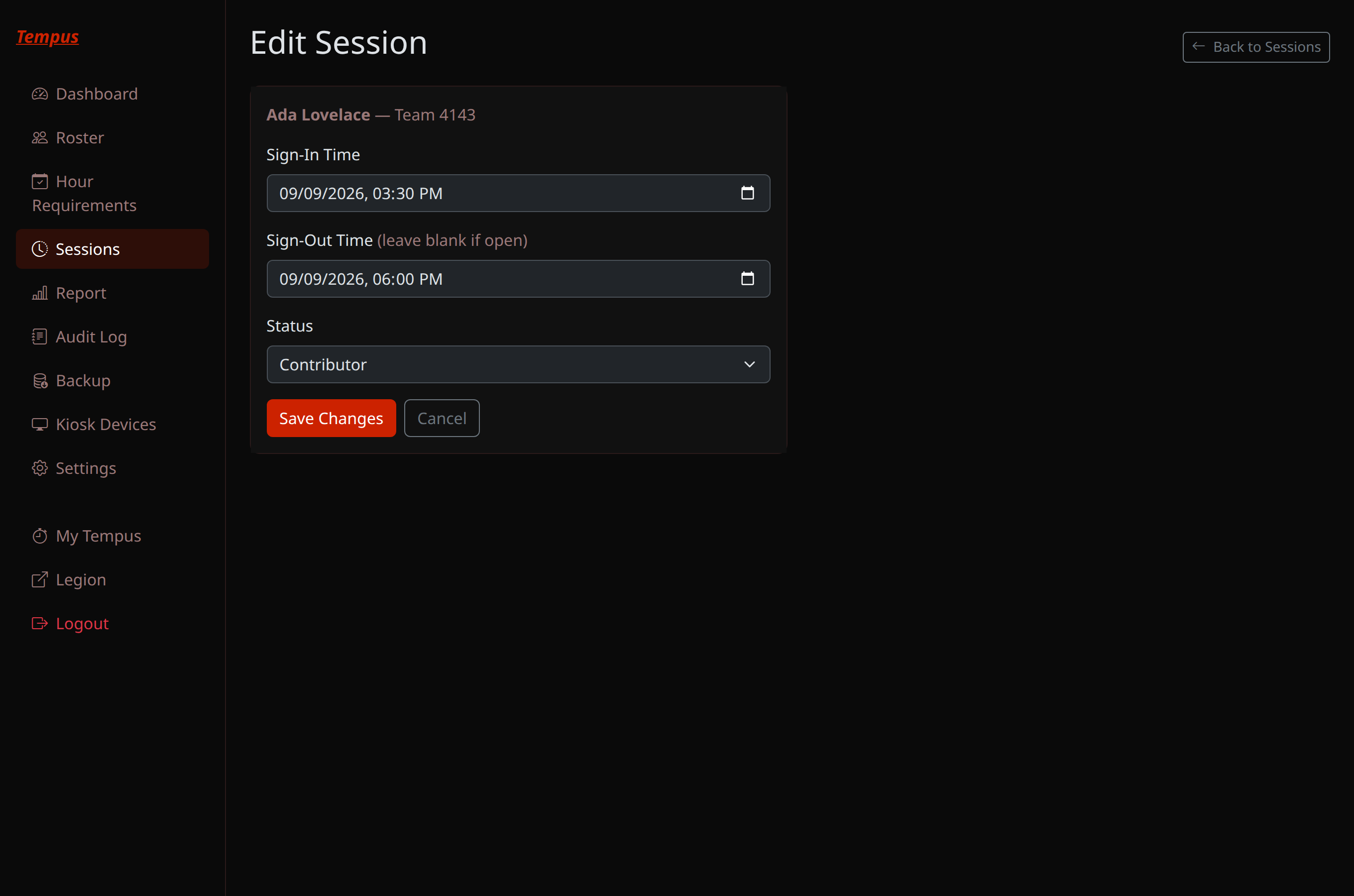 Tempus admin's Edit Session page: a student's sign-in/sign-out time and a Contributor/Present/Distraction status dropdown
