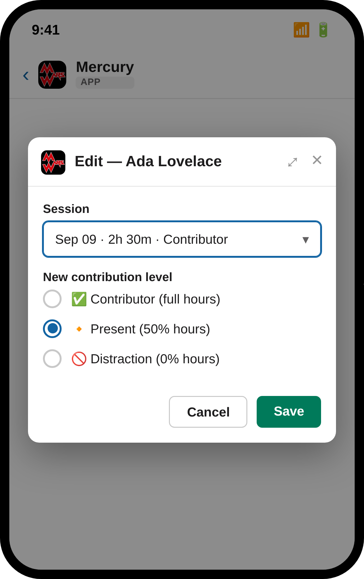 A Slack modal titled Edit — Ada Lovelace, with a session picker and a Contributor/Present/Distraction radio-button choice, currently set to Present