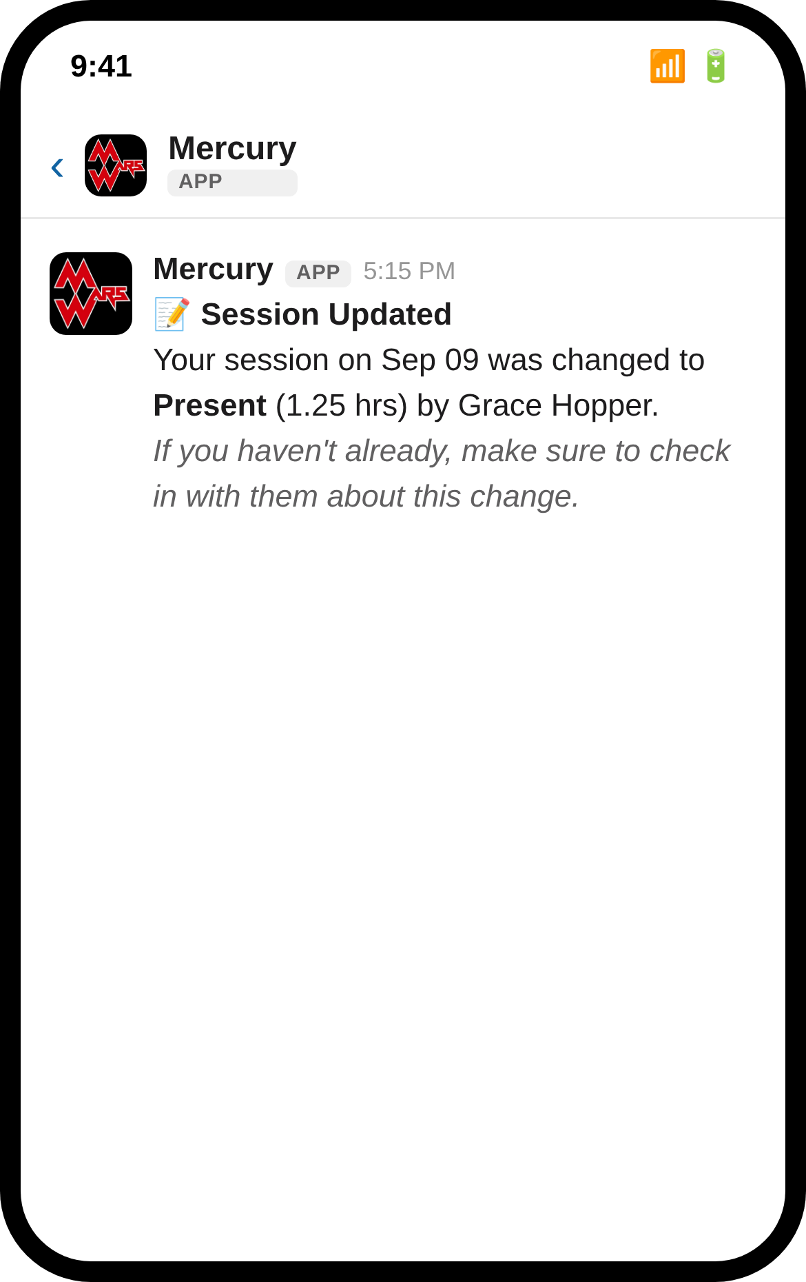 A Slack DM from Mercury telling a student their session was changed to Present by Grace Hopper
